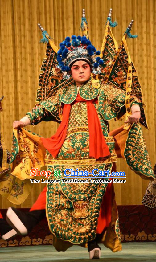 Jin Sha Tan Chinese Shanxi Opera Martial Male Armor Apparels Costumes and Headpieces Traditional Jin Opera General Garment Green Kao Clothing with Flags
