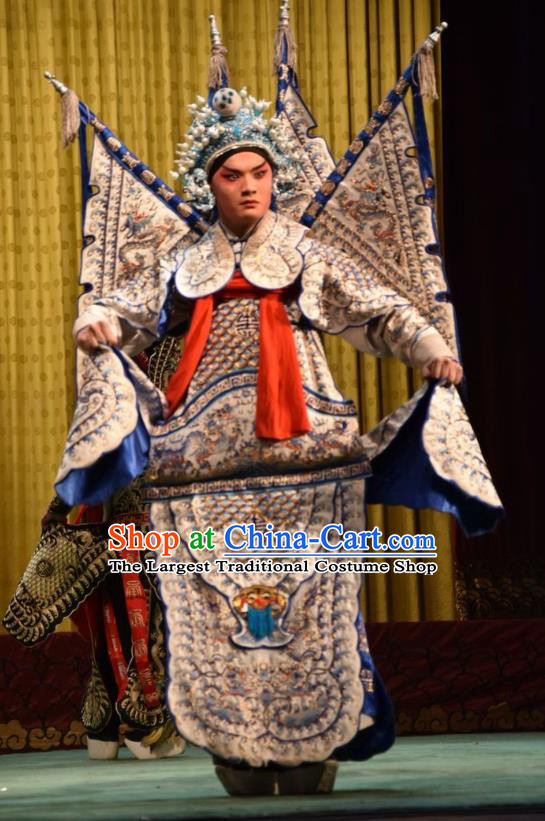 Jin Sha Tan Chinese Shanxi Opera Martial Male Armor Apparels Costumes and Headpieces Traditional Jin Opera General Garment White Kao Clothing with Flags