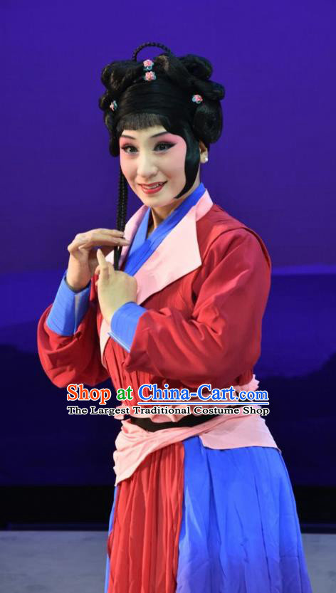 Chinese Jin Opera Civilian Woman Garment Costumes and Headdress Xiong Guan Niang Zi Traditional Shanxi Opera Wudan Dress Female Swordsman Apparels