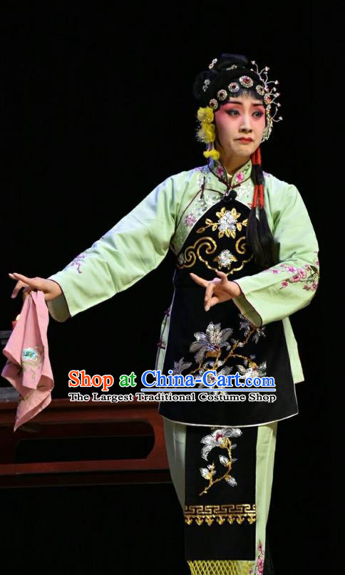Chinese Jin Opera Village Girl Su Wujuan Garment Costumes and Headdress Fifteen Strings of Cash Traditional Shanxi Opera Young Lady Dress Xiaodan Apparels