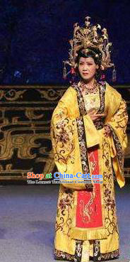 Chinese Jin Opera Queen Garment Costumes and Headdress Wu Zetian and Di Renjie Traditional Shanxi Opera Actress Dress Tang Dynasty Empress Apparels