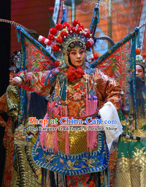 Chinese Jin Opera Tao Ma Tan Garment Costumes and Headdress San Guan Dian Shuai Traditional Shanxi Opera Red Dress Female General Mu Guiying Apparels with Flags
