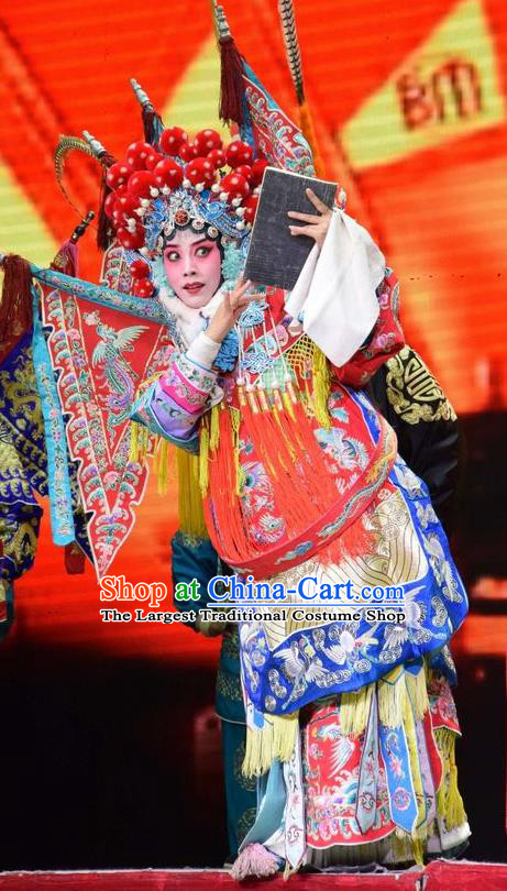 Chinese Jin Opera Blues Mu Guiying Garment Costumes and Headdress San Guan Dian Shuai Traditional Shanxi Opera Tao Ma Tan Dress Female General Apparels with Flags