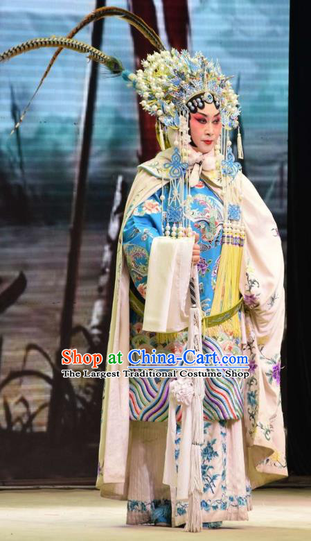 Chinese Jin Opera Female General Garment Costumes and Headdress Xia He Dong Traditional Shanxi Opera Tao Ma Tan Apparels Dame Blue Dress