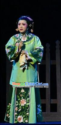 Chinese Jin Opera Dame Garment Costumes and Headdress Wang Jia Da Yuan Traditional Shanxi Opera Rich Woman Green Dress Apparels