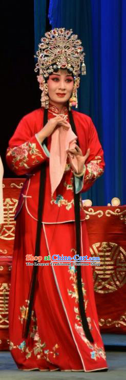 Chinese Jin Opera Hua Tan Garment Costumes and Headdress Fu Gui Tu Traditional Shanxi Opera Young Beauty Red Dress Actress Yin Bilian Apparels