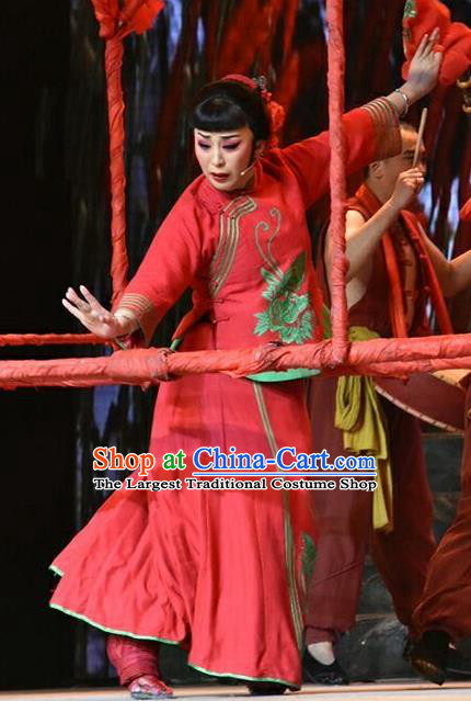 Chinese Jin Opera Bride Red Garment Costumes and Headdress The Red Sorghum Traditional Shanxi Opera Actress Jiu Er Apparels Village Girl Dress