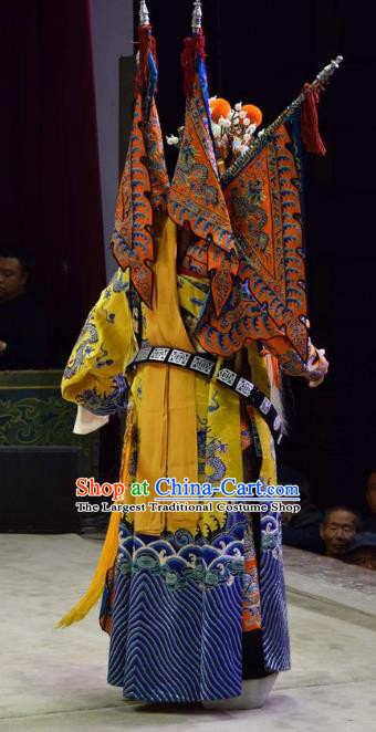 Xia He Dong Chinese Shanxi Opera Emperor Zhao Kuangyin Apparels Costumes and Headpieces Traditional Jin Opera Marshal Garment Elderly Male Armor Clothing with Flags