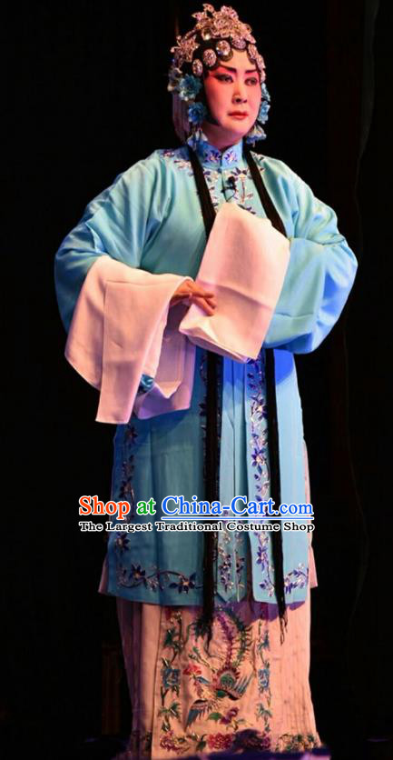 Chinese Jin Opera Diva Li Sanniang Garment Costumes and Headdress Bai Tu Ji Traditional Shanxi Opera Actress Apparels Young Female Blue Dress