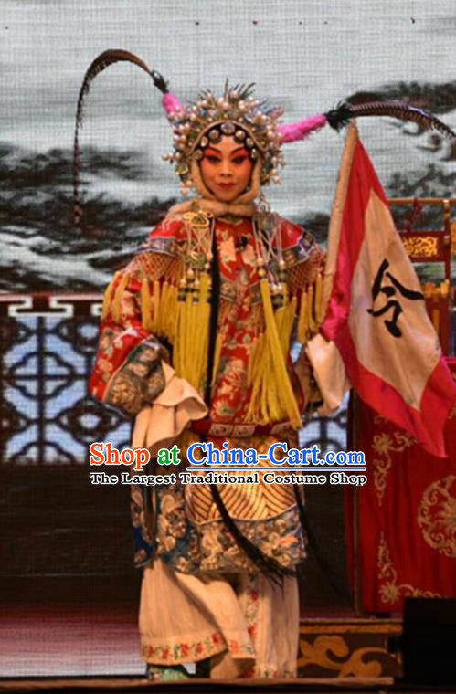 Chinese Jin Opera Tao Ma Tan Garment Costumes and Headdress Lu Hua River Traditional Shanxi Opera Blues Apparels Female General Fan Lihua Dress
