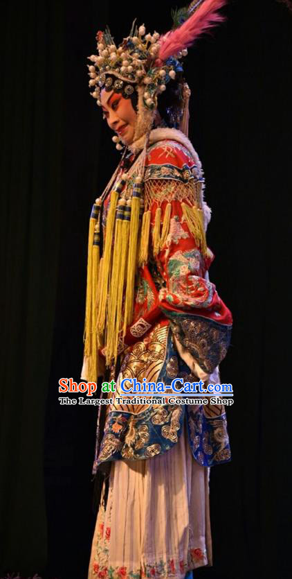 Chinese Jin Opera Tao Ma Tan Garment Costumes and Headdress Lu Hua River Traditional Shanxi Opera Blues Apparels Female General Fan Lihua Dress