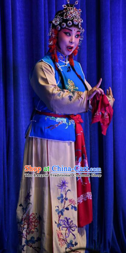 Chinese Jin Opera Young Lady Garment Costumes and Headdress Cha Ping Ji Traditional Shanxi Opera Xiaodan Apparels Servant Girl Chun Hong Dress