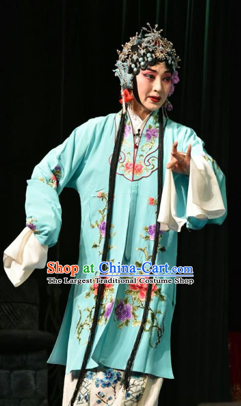 Chinese Jin Opera Young Female Garment Costumes and Headdress Zhao Jintang Traditional Shanxi Opera Actress Apparels Diva Blue Dress