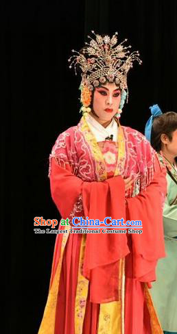 Chinese Jin Opera Young Mistress Garment Costumes and Headdress Tears in Suzhou Traditional Shanxi Opera Madam Jiang Suqin Apparels Actress Red Dress