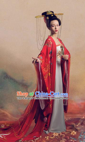 Chinese Ancient Imperial Consort Yang Hanfu Dress Apparels Traditional Tang Dynasty Magnificent Concubine Historical Costumes and Headdress Complete Set