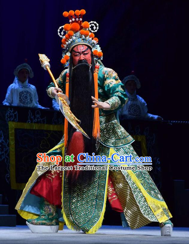 Guan Gong Chinese Shanxi Opera Martial Male Guan Yu Apparels Costumes and Headpieces Traditional Jin Opera General Garment Painted Role Green Armor Clothing