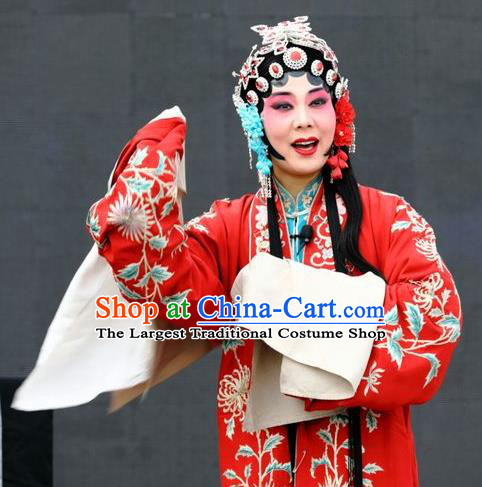 Chinese Jin Opera Young Female Garment Costumes and Headdress Shuang Luo Shan Traditional Shanxi Opera Hua Tan Apparels Diva Su Yun Red Dress