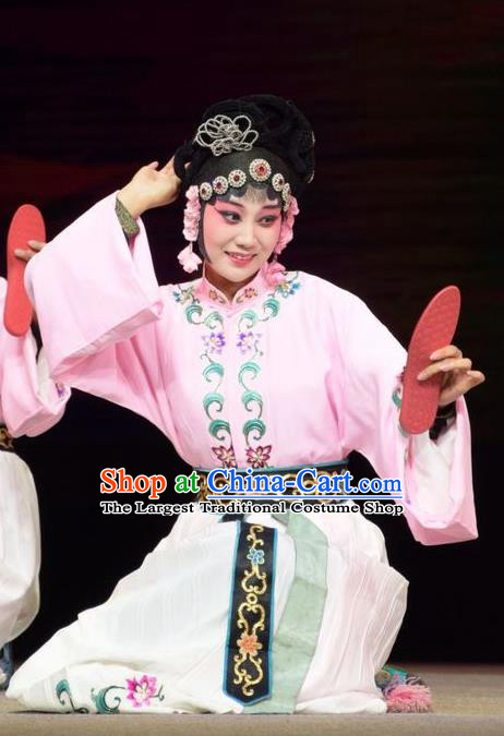 Chinese Jin Opera Court Maid Garment Costumes and Headdress Big Feet Empress Traditional Shanxi Opera Xiaodan Apparels Servant Lady Pink Dress