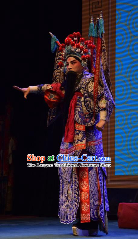 Shou Jiang Wei Chinese Shanxi Opera General Kao Apparels Costumes and Headpieces Traditional Jin Opera Shogun Garment Blue Armor Clothing with Flags
