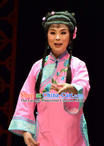 Chinese Jin Opera Young Lady Garment Costumes and Headdress The Legend of Jin E Traditional Shanxi Opera Maidservant Apparels Diva Pink Dress