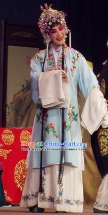 Chinese Henan Opera Diva Qian Yulian Garment Costumes and Headdress The Romance of Hairpin Traditional Qu Opera Hua Tan Apparels Actress Blue Dress
