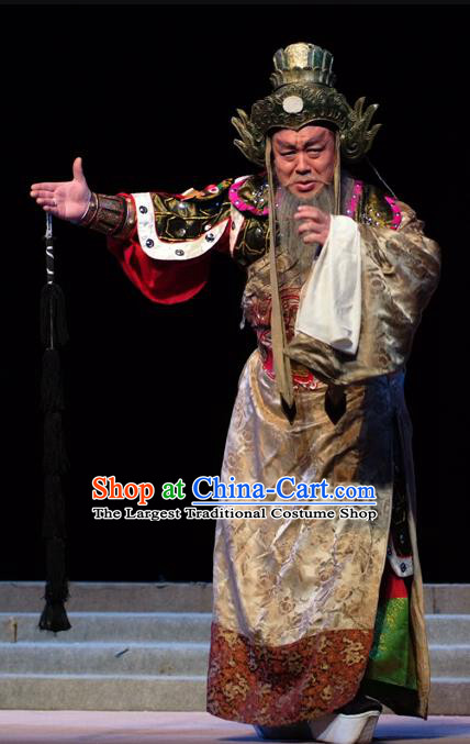 Hua Long Dian Jing Chinese Lu Opera Elderly Man Chang He Apparels Costumes and Headpieces Traditional Shandong Opera Laosheng Garment General Clothing