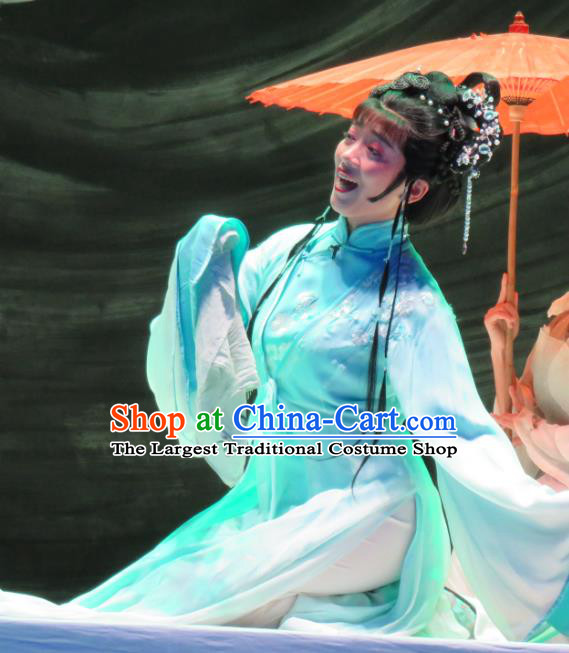 Chinese Henan Opera Distress Maiden Garment Costumes and Headdress Huang Ye Hong Lou Traditional Qu Opera Hua Tan Apparels Young Lady Lin Daiyu Dress