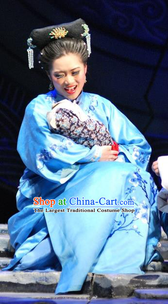 Chinese Beijing Opera Young Female Garment Costumes and Headdress Under the Red Banner Traditional Qu Opera Actress Apparels Hua Tan Blue Dress