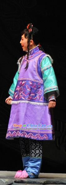 Chinese Beijing Opera Qing Dynasty Young Lady Garment Costumes and Headdress Under the Red Banner Traditional Qu Opera Xiaodan Apparels Actress Purple Dress