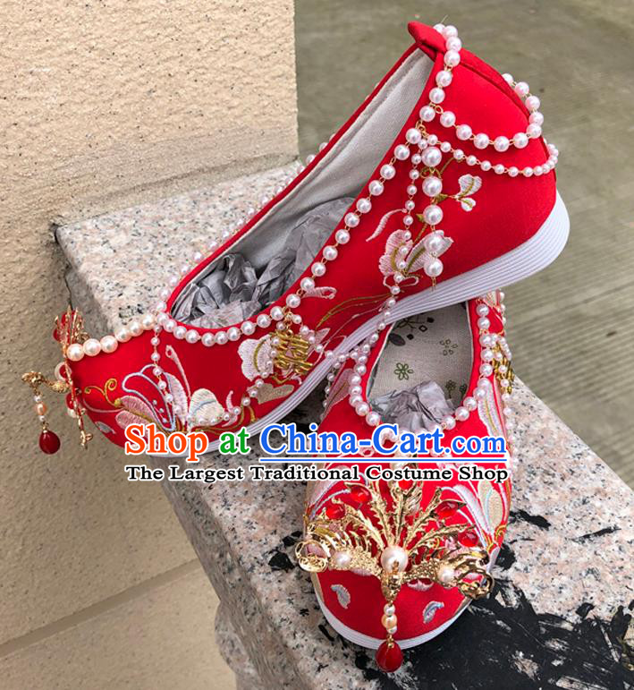 Chinese Traditional Cloth Shoes Wedding Hanfu Shoes Ancient Princess Pearls Bow Shoes Red Embroidered Shoes for Women