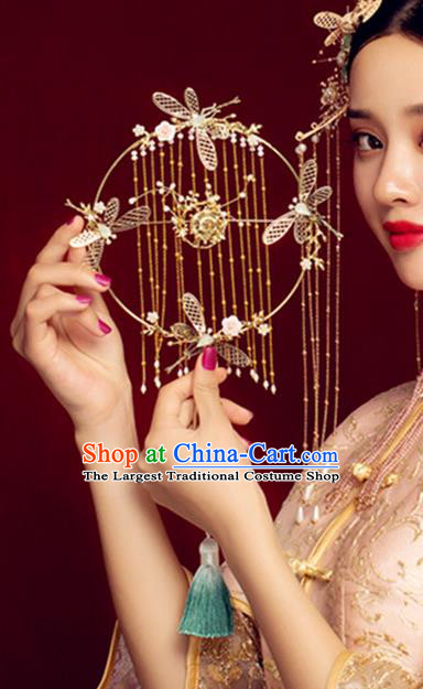 Chinese Handmade Bride Prop Traditional Golden Dragonfly Hanfu Fan Ancient Wedding Round Fan Tassel Palace Fan