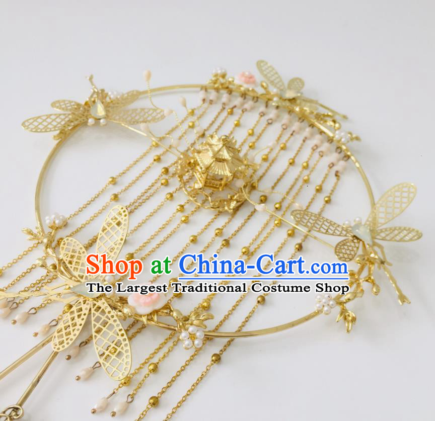 Chinese Handmade Bride Prop Traditional Golden Dragonfly Hanfu Fan Ancient Wedding Round Fan Tassel Palace Fan