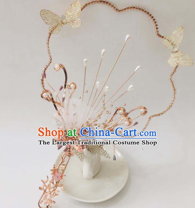 Chinese Ancient Wedding Round Fan Golden Butterfly Palace Fan Handmade Bride Prop Traditional Hanfu Fan