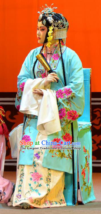 Chinese Han Opera Rich Lady Garment Huang Guiying Costumes and Headdress Traditional Hubei Hanchu Opera Hua Tan Apparels Young Beauty Blue Dress