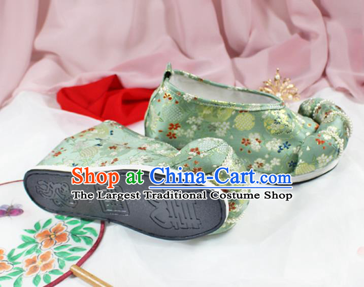 Chinese Traditional Handmade Green Satin Shoes Women Hanfu Shoes Ancient Princess Pearls Shoes Embroidered Shoes