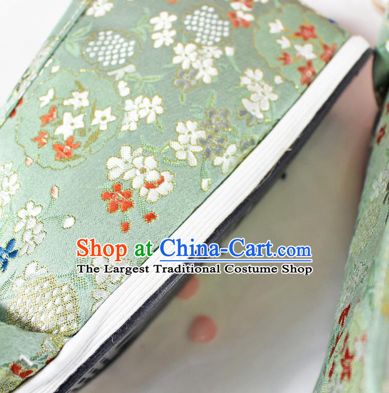 Chinese Traditional Handmade Green Satin Shoes Women Hanfu Shoes Ancient Princess Pearls Shoes Embroidered Shoes