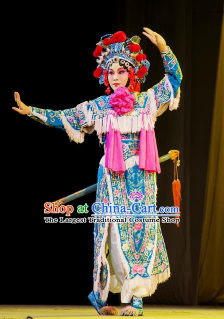 Chinese Han Opera Martial Woman Garment Hu Jia Zhuang Costumes and Headdress Traditional Hubei Hanchu Opera Actress Apparels Female Swordsman Hu Sanniang Dress