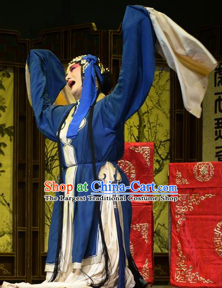 Chinese Han Opera Young Female Garment Baili Xi Ren Qi Costumes and Headdress Traditional Hubei Hanchu Opera Distress Woman Apparels Blue Dress