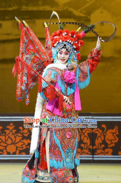 Chinese Han Opera Female General Garment Mu Ke Zhai Costumes and Headdress Traditional Hubei Hanchu Opera Tao Ma Tan Apparels Red Mu Guiying Kao Dress with Flags