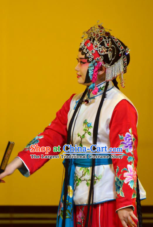 Chinese Han Opera Xiaodan Garment Hua Tian Ba Cuo Costumes and Headdress Traditional Hubei Hanchu Opera Maid Lady Apparels Servant Girl Chun Lan Dress