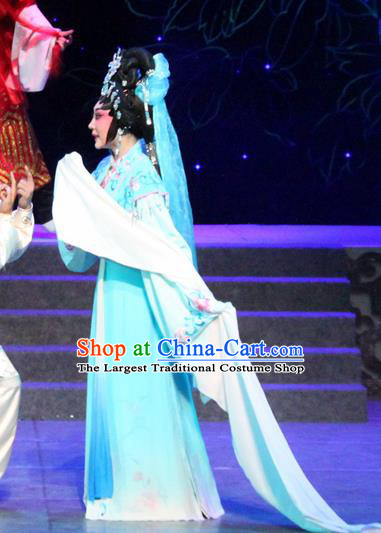 Chinese Cantonese Opera Diva Garment The Peony Pavilion Costumes and Headdress Traditional Guangdong Opera Actress Apparels Hua Tan Du Liniang Blue Dress