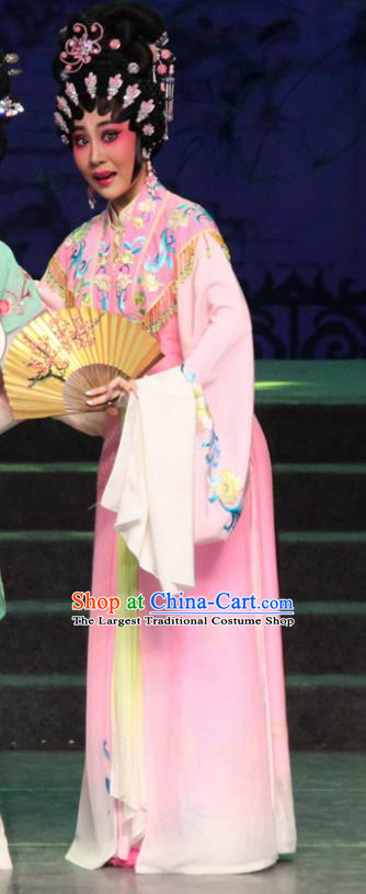 Chinese Cantonese Opera Diva Garment The Peony Pavilion Costumes and Headdress Traditional Guangdong Opera Hua Tan Apparels Rich Lady Du Liniang Pink Dress