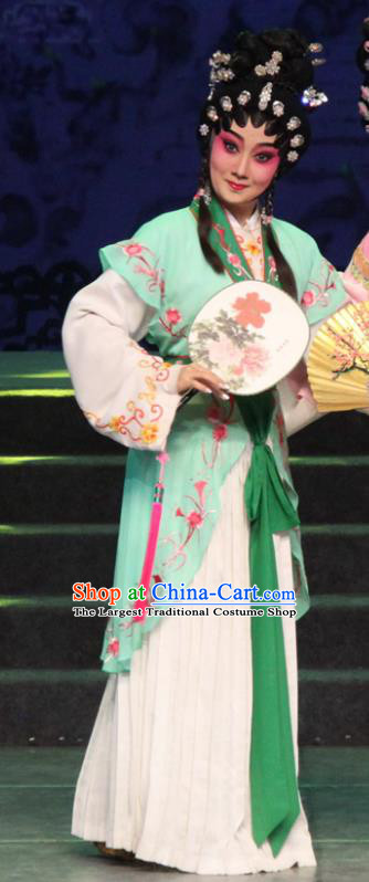 Chinese Cantonese Opera Servant Girl Garment The Peony Pavilion Costumes and Headdress Traditional Guangdong Opera Xiaodan Apparels Chun Xiang Green Dress