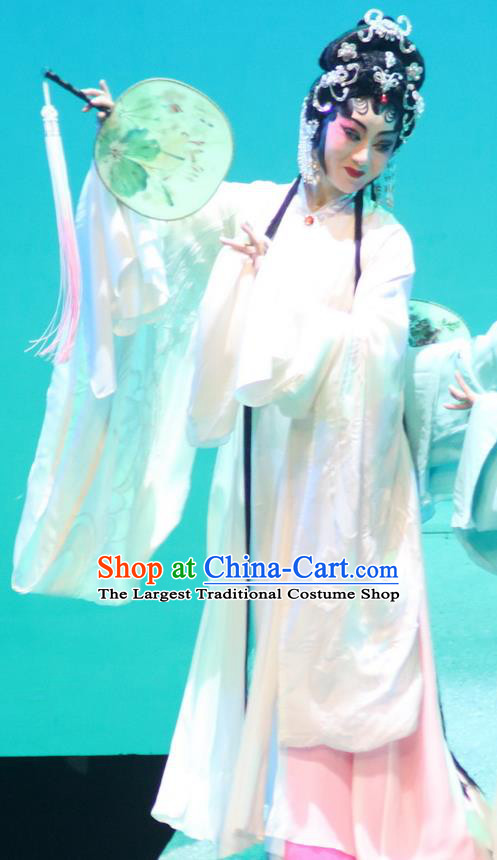 Chinese Cantonese Opera Diva Bai Suzhen Garment The Fairy Tale of White Snake Costumes and Headdress Traditional Guangdong Opera Young Beauty Apparels Hua Tan Dress