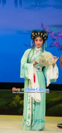 Chinese Cantonese Opera Young Lady Garment The Fairy Tale of White Snake Costumes and Headdress Traditional Guangdong Opera Xiaodan Apparels Xiao Qing Green Dress