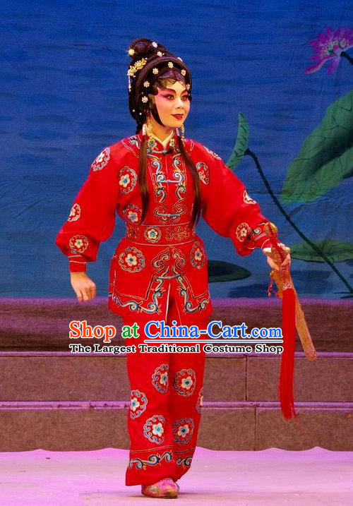 Chinese Cantonese Opera Wudan Red Garment Qian Tang Su Xiaoxiao Costumes and Headdress Traditional Guangdong Opera Xiaodan Apparels Martial Female Xiao Pan Dress