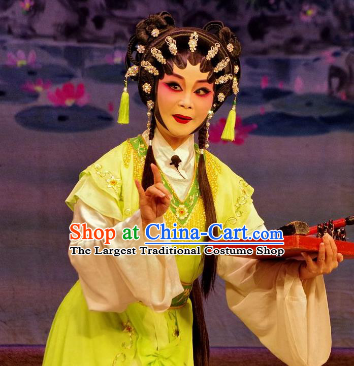 Chinese Cantonese Opera Xiao Pan Garment Qian Tang Su Xiaoxiao Costumes and Headdress Traditional Guangdong Opera Xiaodan Apparels Maid Lady Green Dress