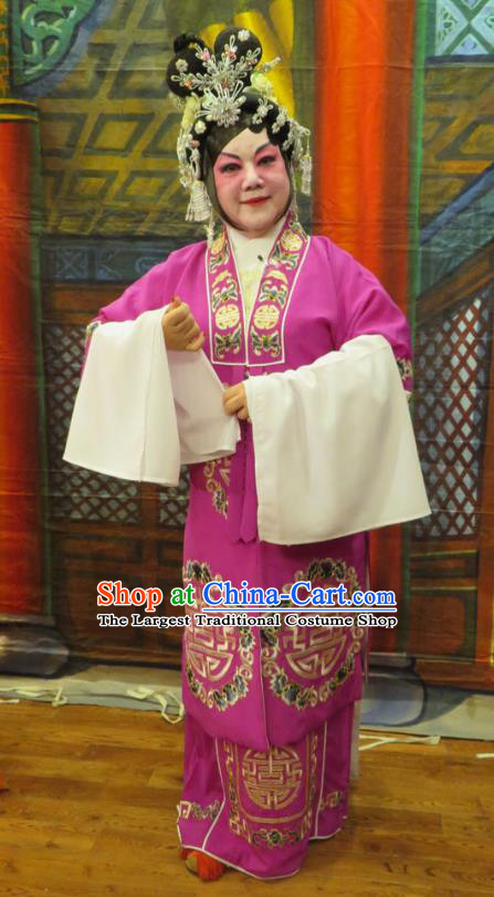 Chinese Cantonese Opera Landlord Shiva Garment Hua Tian Ba Xi Hairpin Costumes and Headdress Traditional Guangdong Opera Elderly Female Apparels Dame Purple Dress