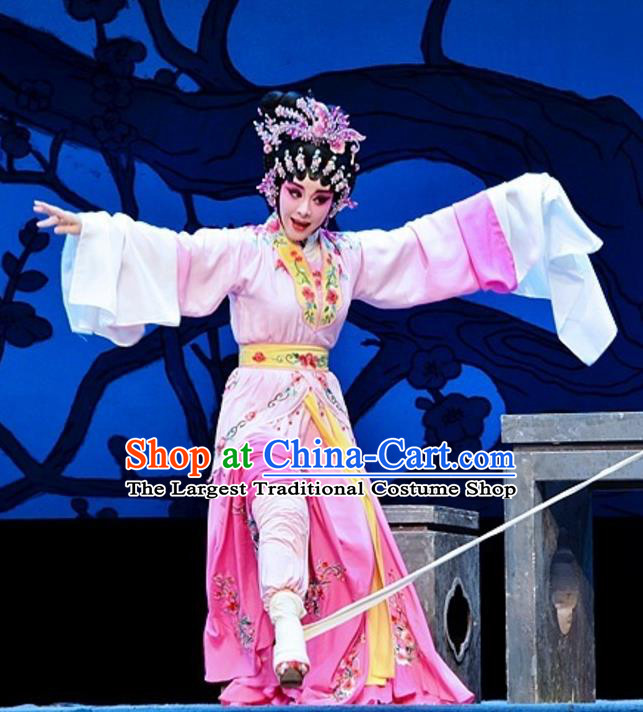 Chinese Cantonese Opera Young Female Garment Yuan Yang Sword Costumes and Headdress Traditional Guangdong Opera Hua Tan Apparels Qin Huilan Pink Dress
