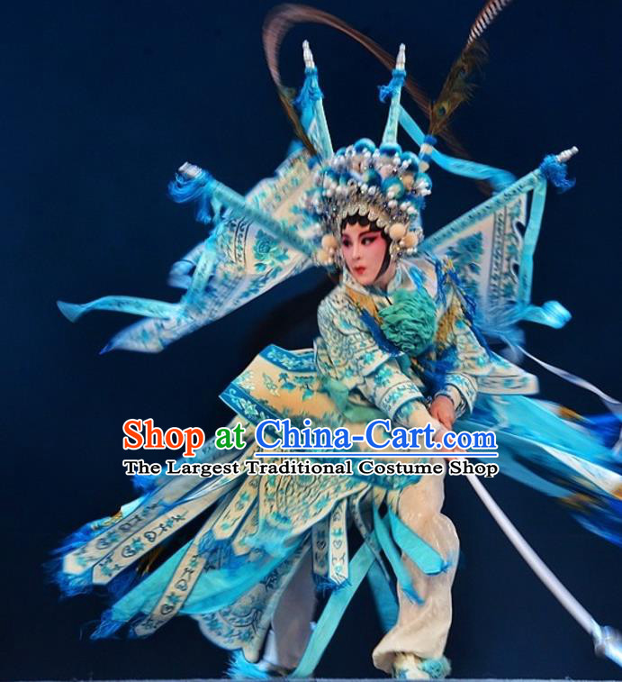 Chinese Cantonese Opera Tao Ma Tan Garment Yuan Yang Sword Costumes and Headdress Traditional Guangdong Opera Blues Apparels Female General Qin Huilan Dress with Flags